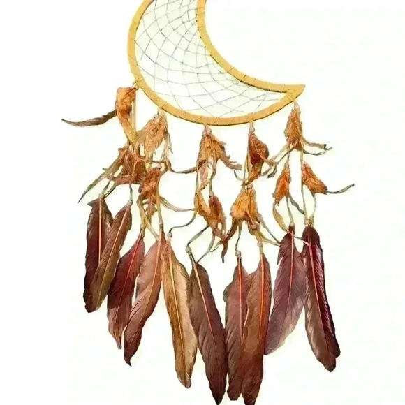 Crescent Moon Dream Catcher Brown Suede Feathers & Beads 34" Long - Picture 3 of 5